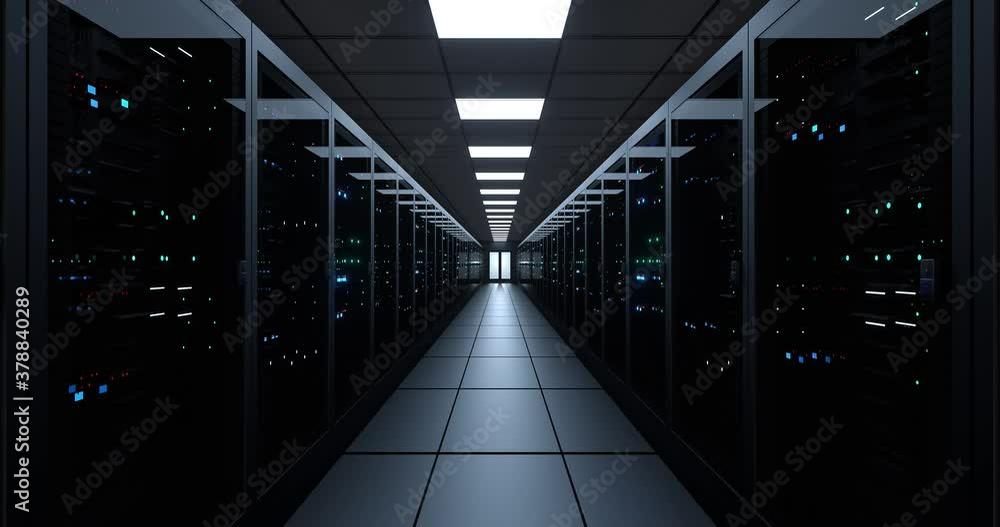 Black Server Room in modern data center. Cloud computing data storage 3d rendering. Digitalization of Information. Animation of Moving Cloud Network of Future Technology in Server Room.