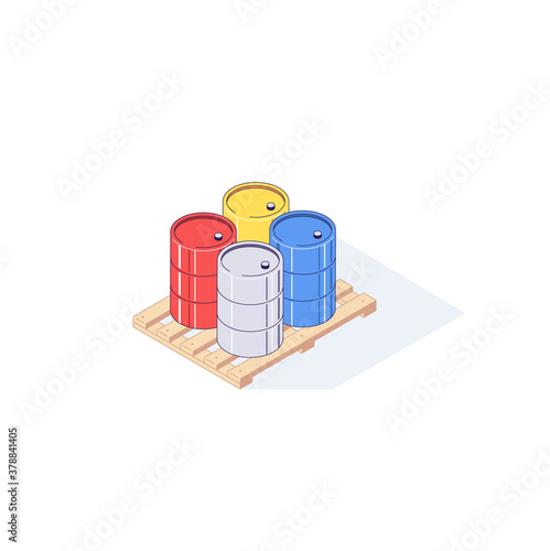 Isometric pallet with metal barrels. 3d pallets cargo goods fuel benzin petrol gas and combustible vector illustration
