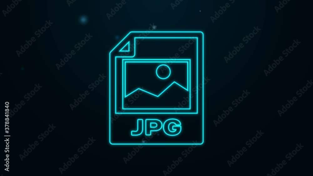 Glowing neon line JPG file document. Download image button icon isolated on black background. JPG file symbol. 4K Video motion graphic animation. Glowing neon line JPG file document. Download image button icon isolated on black background. JPG file symbol. 4K Video motion graphic animation.