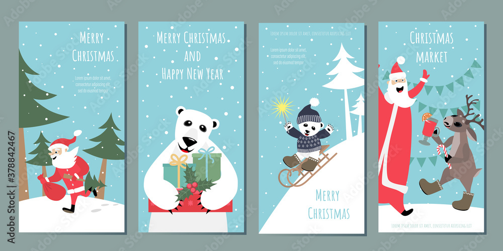 Fototapeta premium Set of templates for Christmas greeting banners, flyers, cards. Christmas market. Vector images of cheerful polar bears, santa claus, deer.