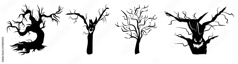 Scary black tree silhouettes, bare tree icons with spooky faces for halloween. Night creepy forest. Scary black tree silhouettes, bare tree icons with spooky faces for halloween. Night creepy forest.