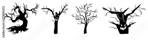 Scary black tree silhouettes, bare tree icons with spooky faces for halloween. Night creepy forest.