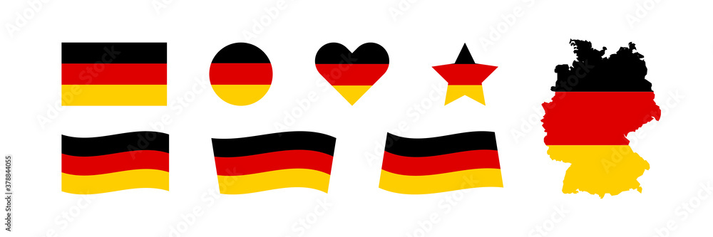 Germany flag set vector icon. Isolated sticker european country map. National German colors black, red and yellow. - obrazy, fototapety, plakaty 