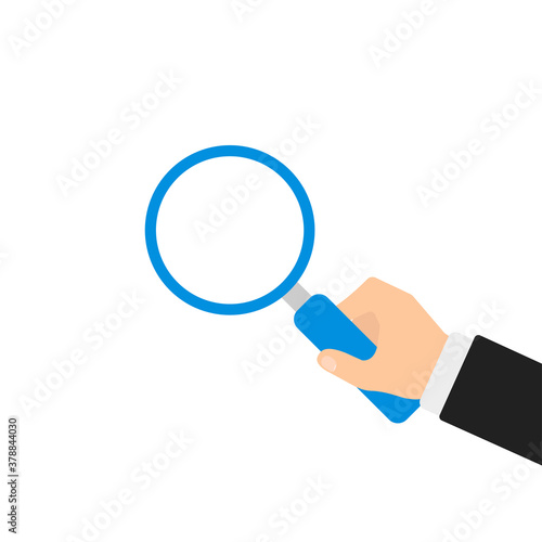 Hand with glasses magnifier in flat style. Search business concept. Cartoon vector