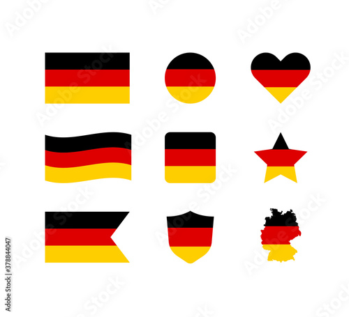 Germany flag set vector icon. National German colors black, red and yellow. Isolated sticker european country map.