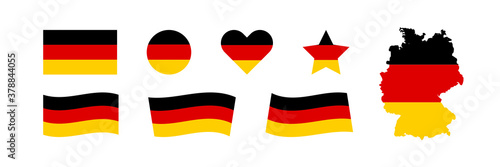 Germany flag set vector icon. Isolated sticker european country map. National German colors black, red and yellow. photo