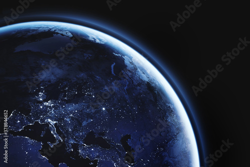 planet Earth seen from space, Europe close up, aerial view of european continent night lights with copyspace, blue tone, part of image furnished by NASA