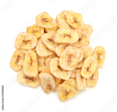 Banana chips on white background
