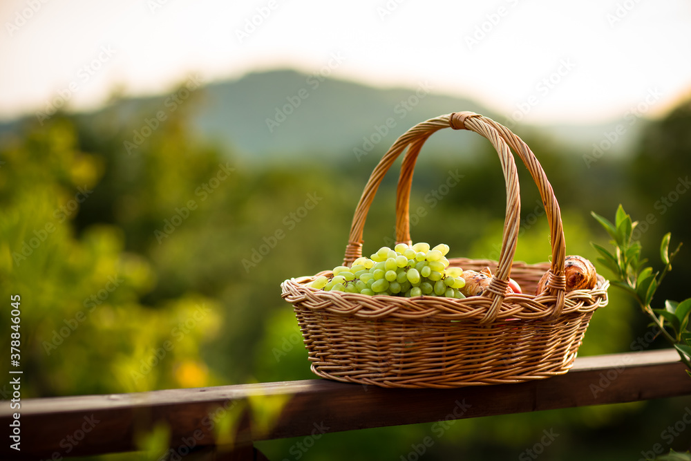eco-friendly basket with grapes and hat made of eco-material, against the background of mountains and autumn nature eco-friendly basket with grapes and hat made of eco-material, against the background of mountains and autumn nature