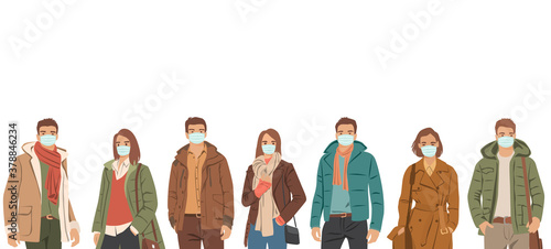 Set of young men and women in medical masks, protection from covid 19, standing  in spring, autumn and winter outerwear, different colors, cartoon character, silhouettes of people, students, flat icon