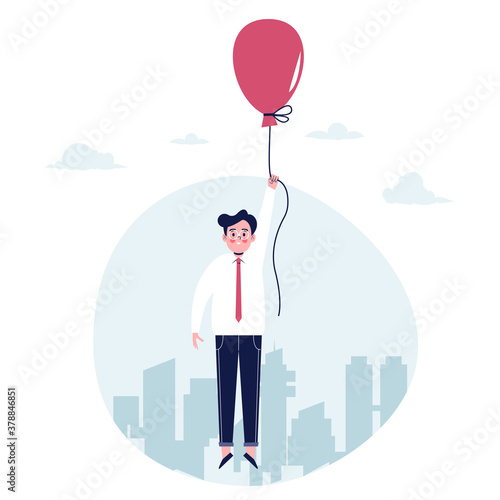 Businessman is flying in a hot air balloon concept. Flat design vector illustration