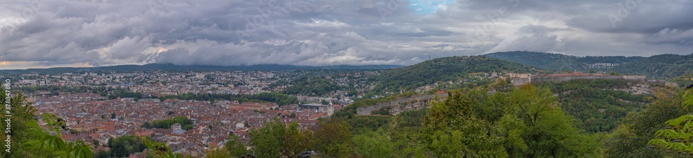 Besançon, France - 08 29 2020: Panoramic view of the city and the citadel walls from the fort of Chaudanne