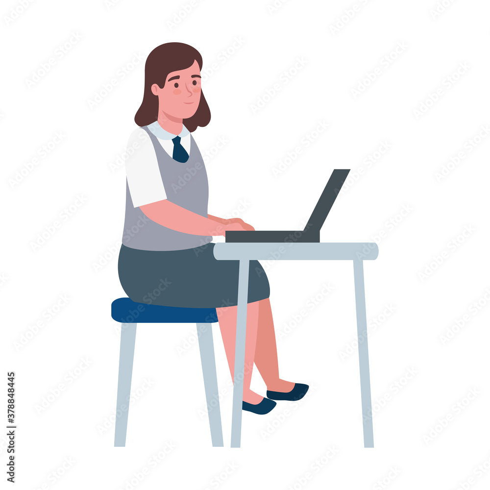 School girl kid cartoon with laptop at desk design, Education class lesson and knowledge theme Vector illustration