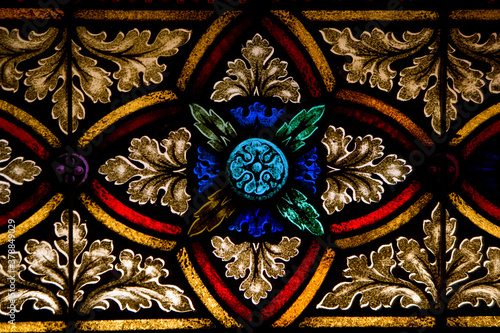 Details of a stained glass in a church, St. Mary's Cathedral, Chinatown, San Francisco, California, USA