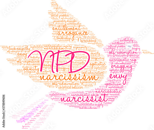 NPD narcissistic personality disorder word cloud on a white background.
