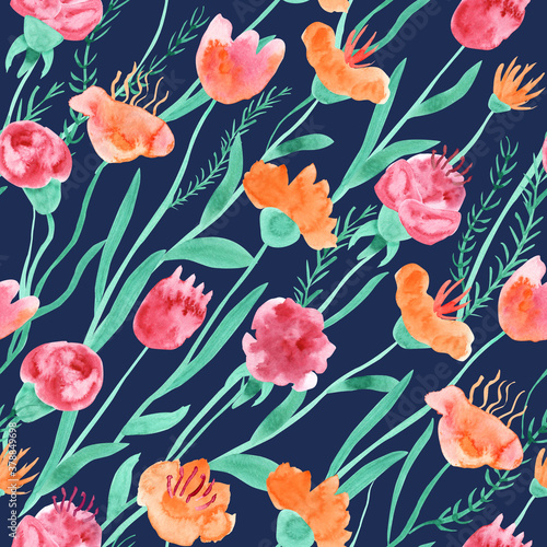 Fototapeta Naklejka Na Ścianę i Meble -  Watercolor seamless pattern with leaves and fantasy flowers on long stalks orange and pink colors on dark background. Beautiful textile print. Great for fabrics, wrapping papers, wallpapers, covers.
