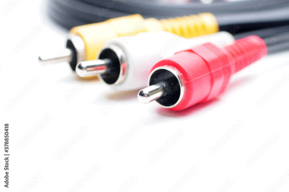 Analog audio video cable of RCA standard on white background Analog audio video cable of RCA standard on white background