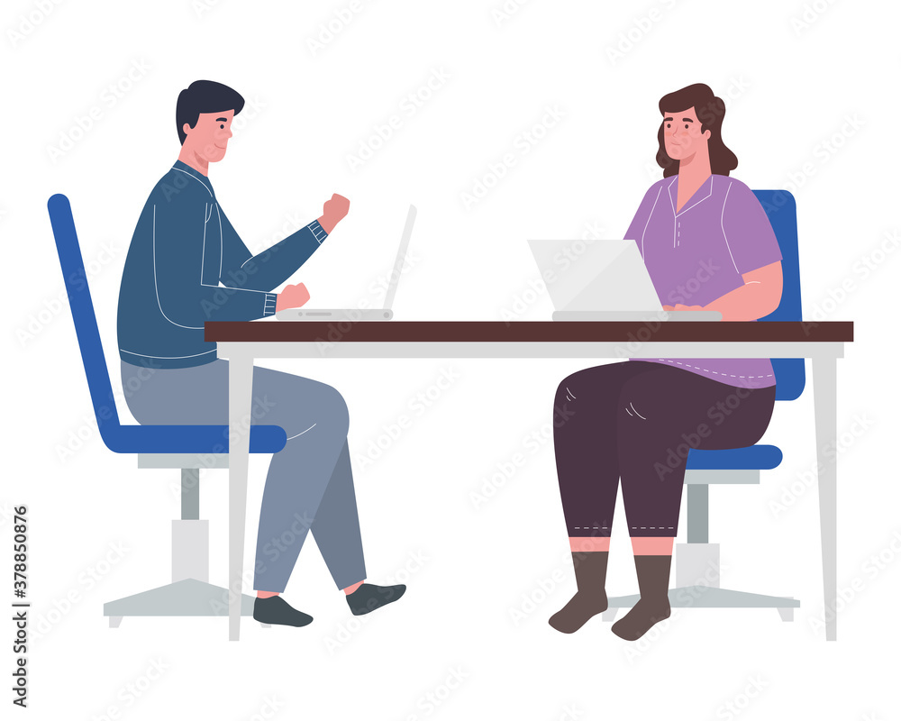 woman and man with laptops at desk working design of Work from home theme Vector illustration woman and man with laptops at desk working design of Work from home theme Vector illustration