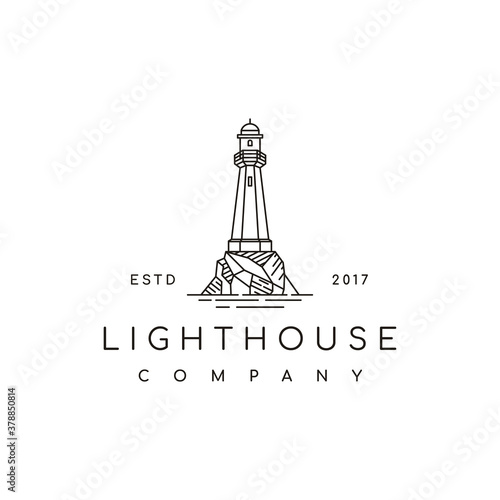 Simple Line Art Lighthouse Searchlight Beacon Tower Island Beach Coast logo design