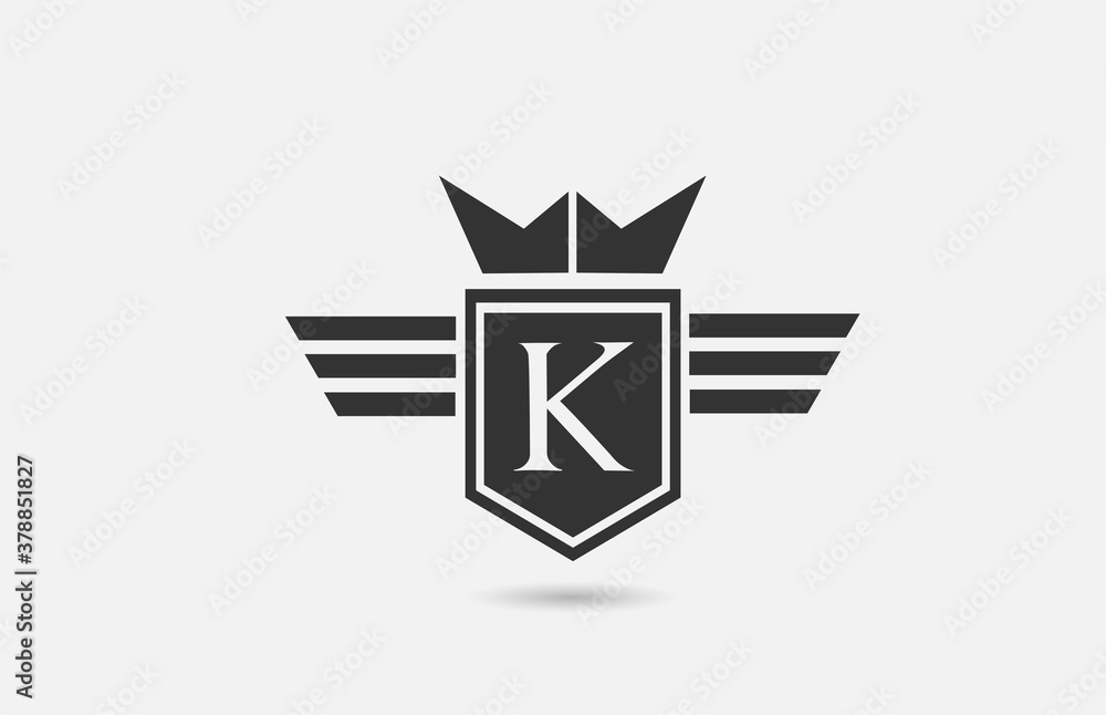 K alphabet letter logo icon for company in black and white. Creative badge design with king crown wings and shield for business and corporate K alphabet letter logo icon for company in black and white. Creative badge design with king crown wings and shield for business and corporate