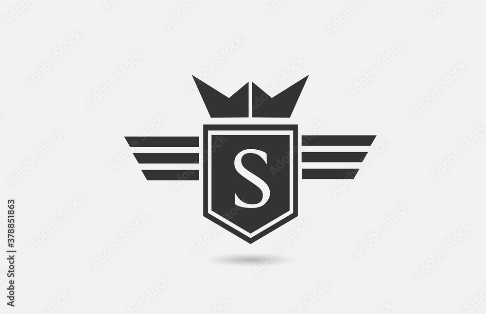 S alphabet letter logo icon for company in black and white. Creative badge design with king crown wings and shield for business and corporate S alphabet letter logo icon for company in black and white. Creative badge design with king crown wings and shield for business and corporate
