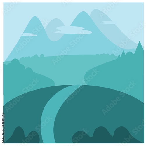 Green landscape with fields. Lovely rural nature. Unlimited space. Vector illustration.