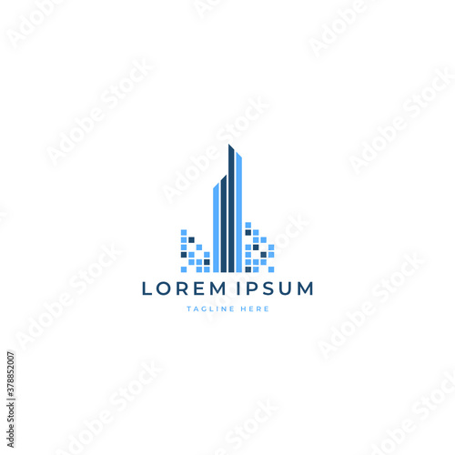 digital city logo concept. city skyline with pixel vector elements stock illustration