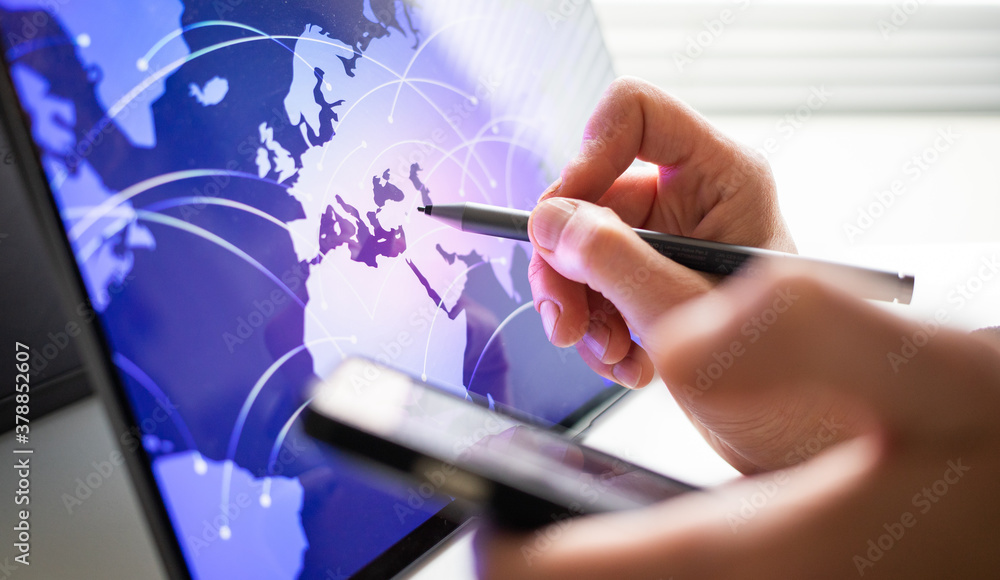 hand touching tablet screen global connection hand touching tablet screen global connection