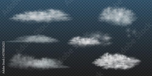 Realistic white clouds set. Vector collection of 3d smoke or fog. Natural cumulus clouds design elements on transparent background for weather forecast.