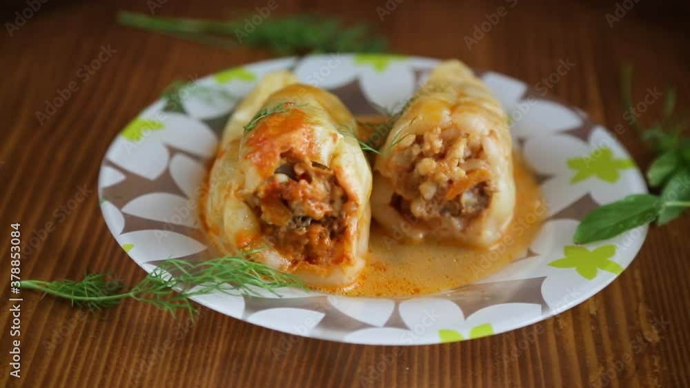 stuffed with meat and rice with roasted pepper sauce stuffed with meat and rice with roasted pepper sauce