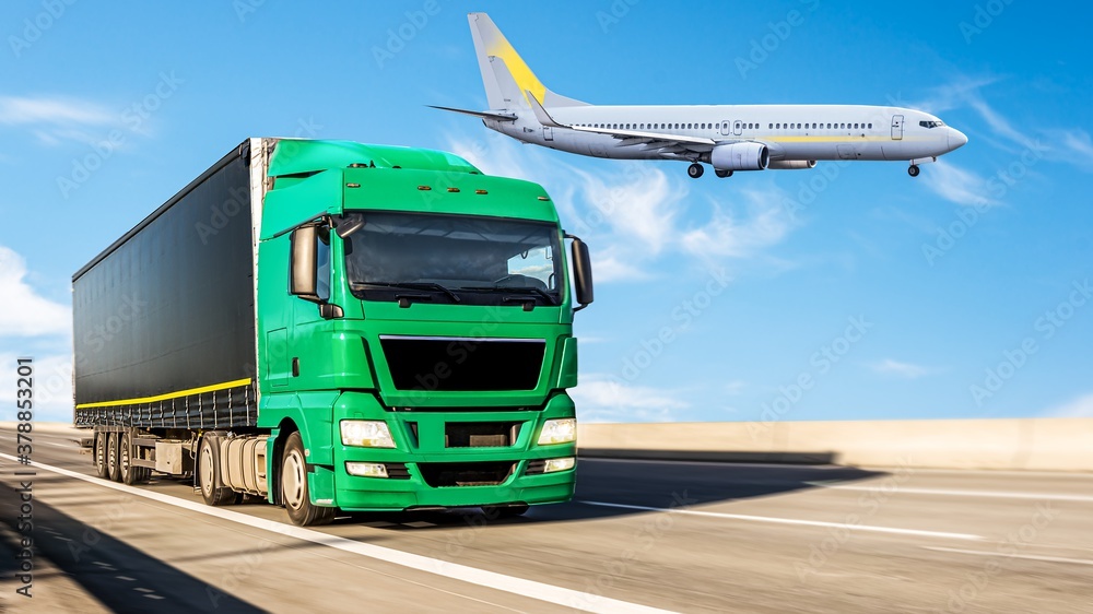 The plane is landing flying over the road with a truck . Logistics and transportation The plane is landing flying over the road with a truck . Logistics and transportation