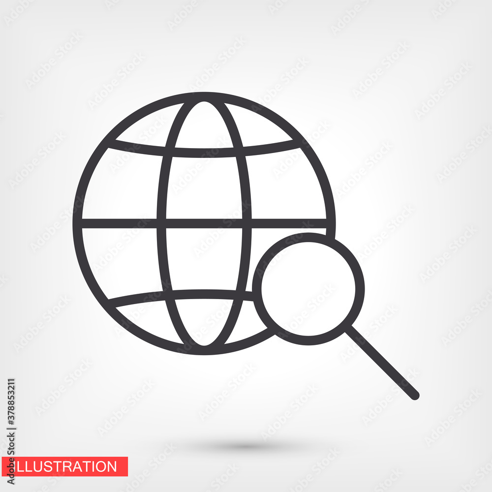 Globe magnifier black vector icon line linear style on the background. Best icon 10 eps illustration Globe magnifier black vector icon line linear style on the background. Best icon 10 eps illustration
