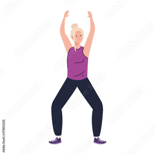 Senior woman cartoon stretching design, grandmother and old female person theme Vector illustration