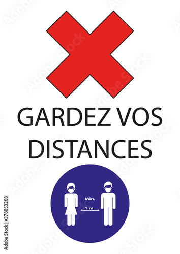 affiche pour gardez ses distances en noir pendant la crise sanitaire avec deux personnes distantes de 1 mètre minimum dans un rond bleu avec une croix rouge sur un fond blanc 