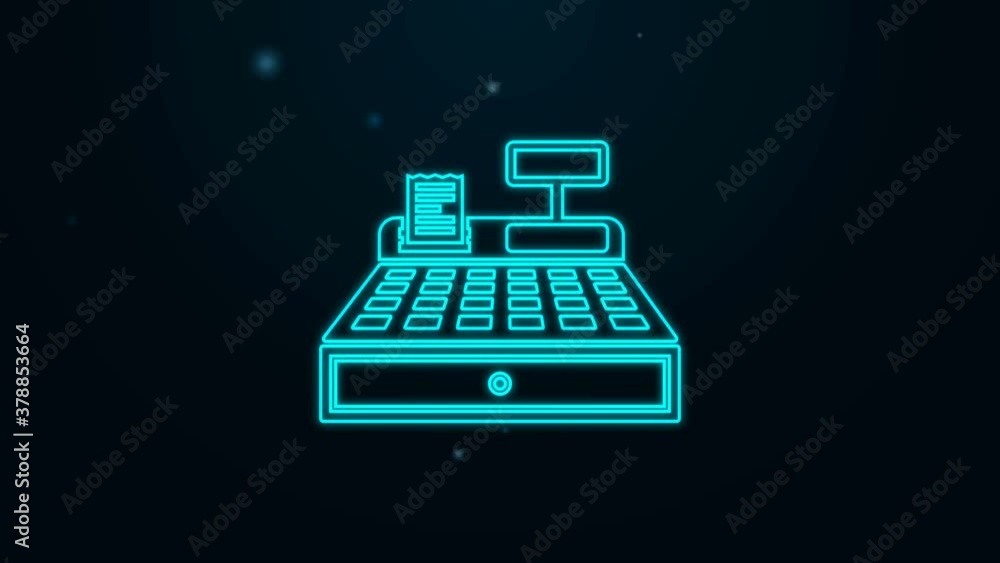 Glowing neon line Cash register machine with a check icon isolated on black background. Cashier sign. Cashbox symbol. 4K Video motion graphic animation Glowing neon line Cash register machine with a check icon isolated on black background. Cashier sign. Cashbox symbol. 4K Video motion graphic animation