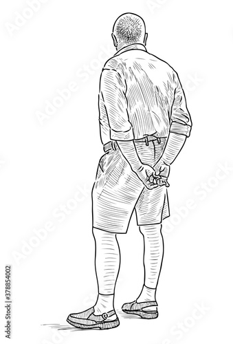 Sketch of elderly man standing outdoors in waiting