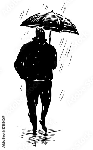 Vector drawing of abstract silhouette townsman walking under umbrella in rain