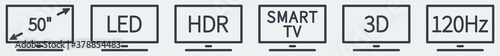 Set of simple TV technology icons, black text in stylised rectangle screen