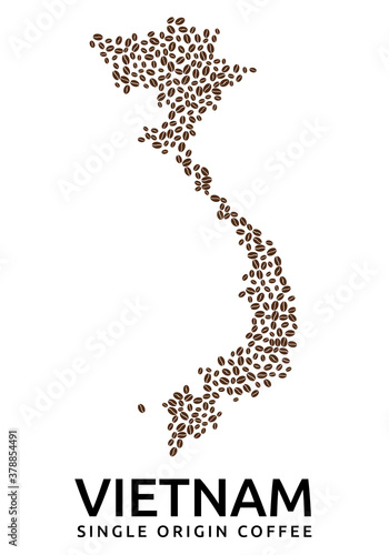 Shape of Vietnam map made of scattered coffee beans, country name below