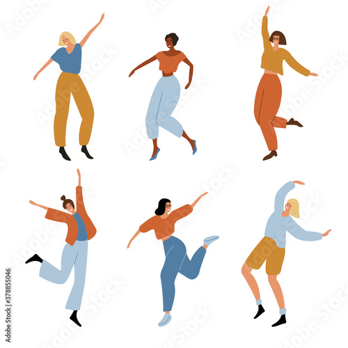 Group of smiling dancing girls. Young happy female dancers party. Women dancing. Isolated on white background. Cartoon flat style vector illustration