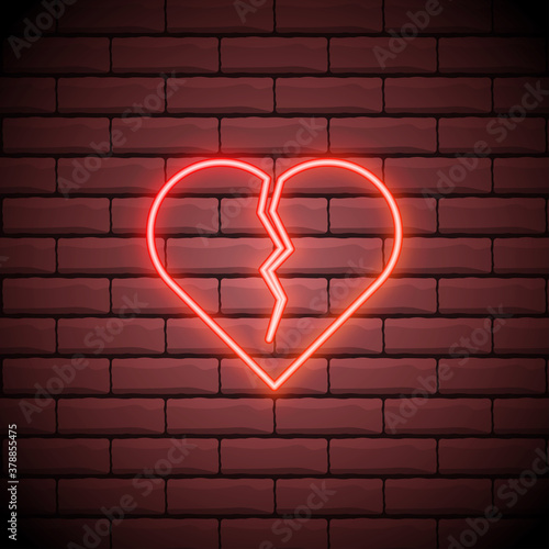 Broken heart neon light icon. Heartbreak glowing sign. Beak up. Vector isolated illustration