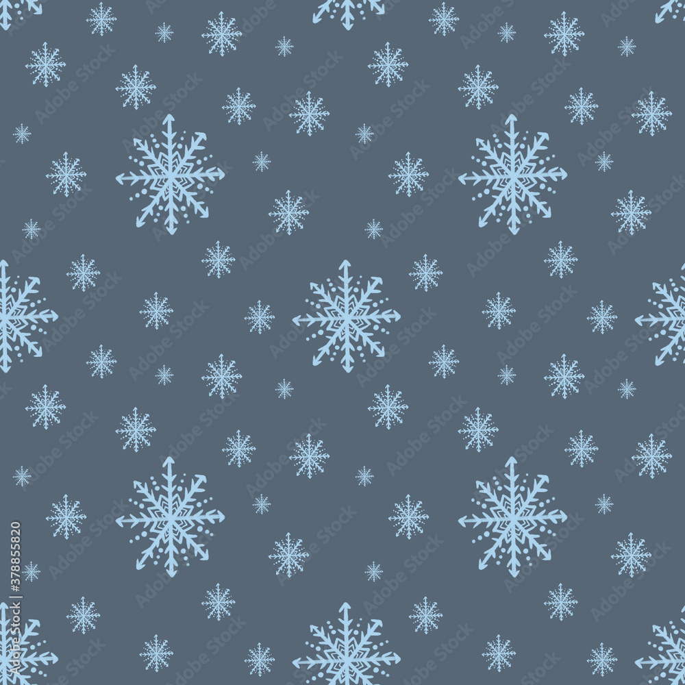 Seamless pattern with blue snowflakes, hand drawn on a dark blue background Seamless pattern with blue snowflakes, hand drawn on a dark blue background
