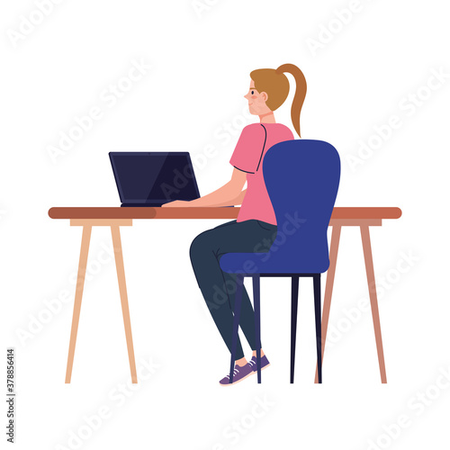 woman cartoon with laptop at desk working design of Work from home theme Vector illustration