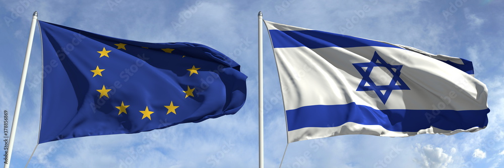 Waving flags of the European Union and Israel on flagpoles, 3d rendering Waving flags of the European Union and Israel on flagpoles, 3d rendering