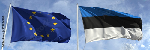Flying flags of the European Union and Estonia on sky background, 3d rendering