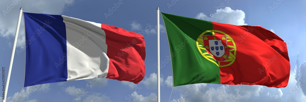 Flying flags of France and Portugal on sky background, 3d rendering