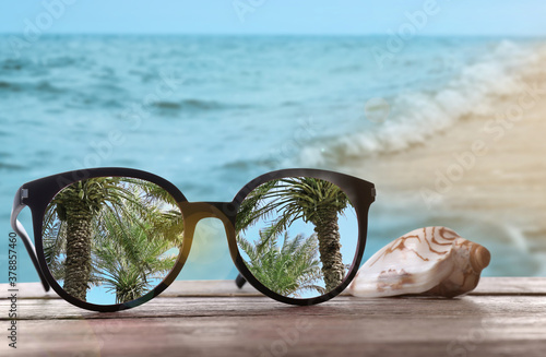 Palms mirroring in sunglasses on wooden desk with seashell at sandy beach photo