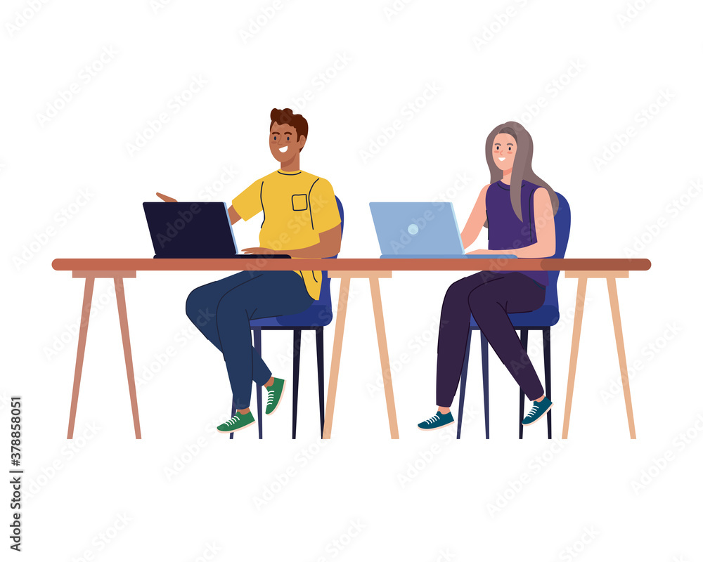 Man and woman cartoons with laptops at desk working design of Work from home theme Vector illustration