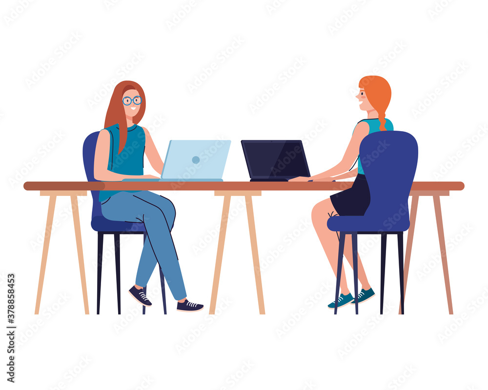 Fototapeta premium women cartoons with laptops at desk working design of Work from home theme Vector illustration