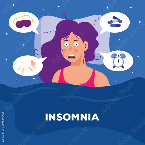 woman with insomnia and bubbles design, sleep and night theme Vector illustration